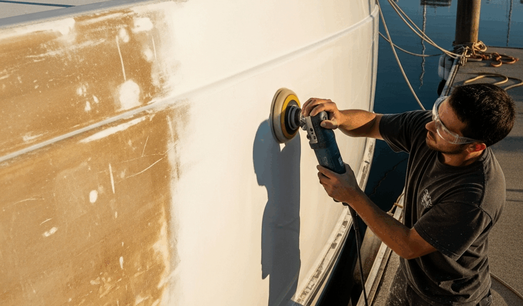 person polishing a white fiberglass boat hull with a buffer 20260331 094607