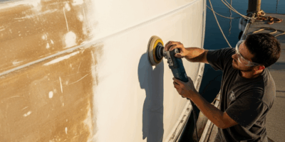 person polishing a white fiberglass boat hull with a buffer 20260331 094607