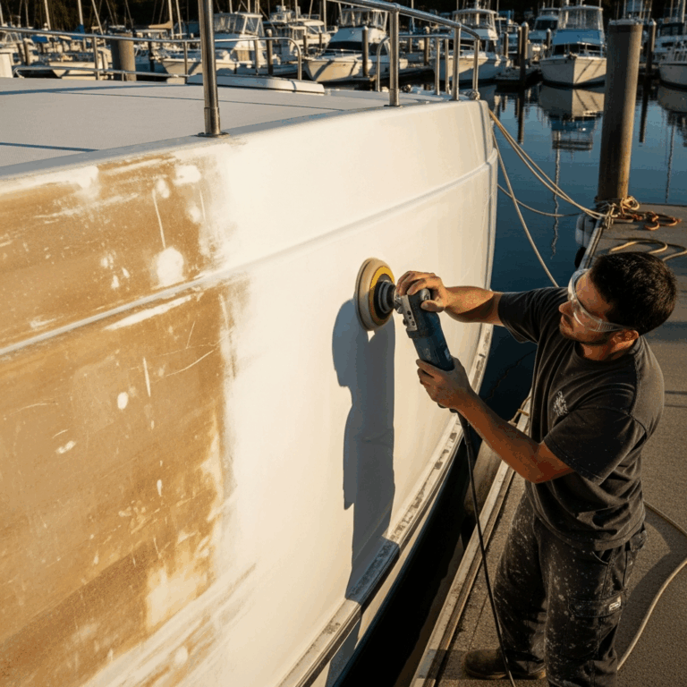 person polishing a white fiberglass boat hull with a buffer 20260331 094607