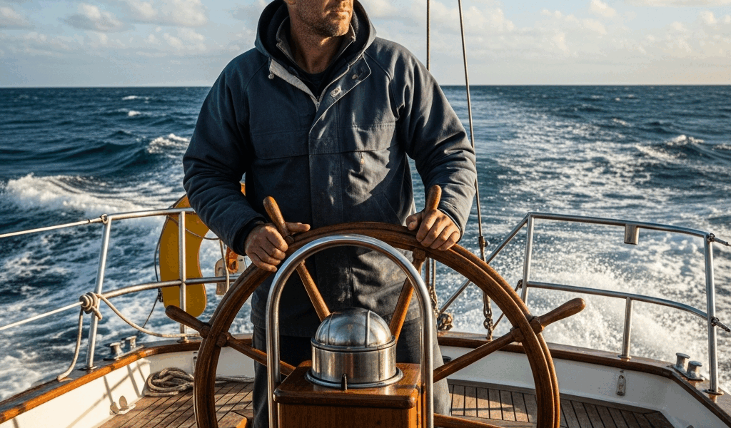 sailor on deck of a sailboat looking at the horizon in moder 20260331 094533