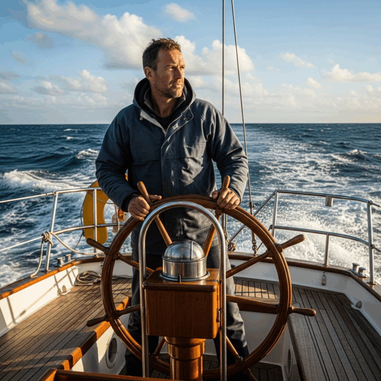 sailor on deck of a sailboat looking at the horizon in moder 20260331 094533